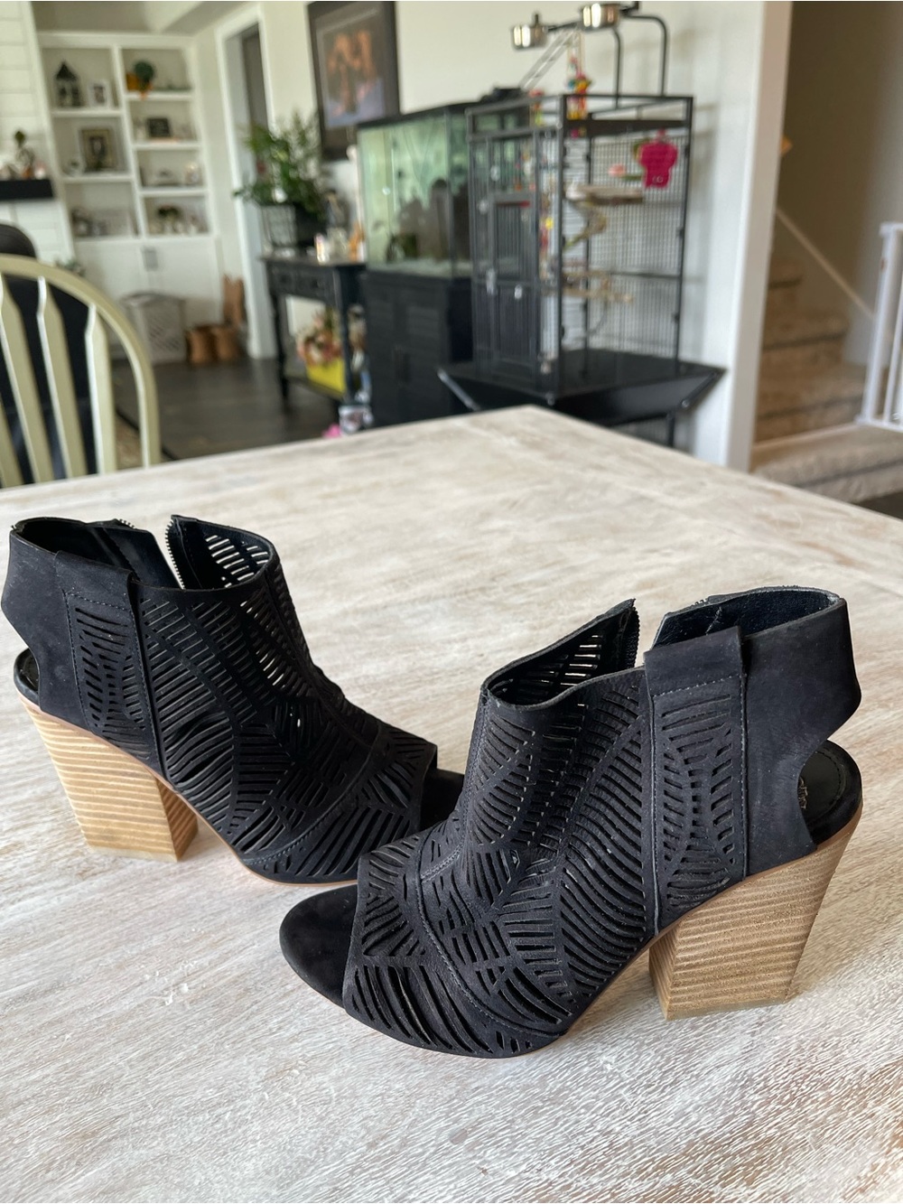 Vince Camuto Black Suede Laser-Cut Peep-Toe Block Heel Booties